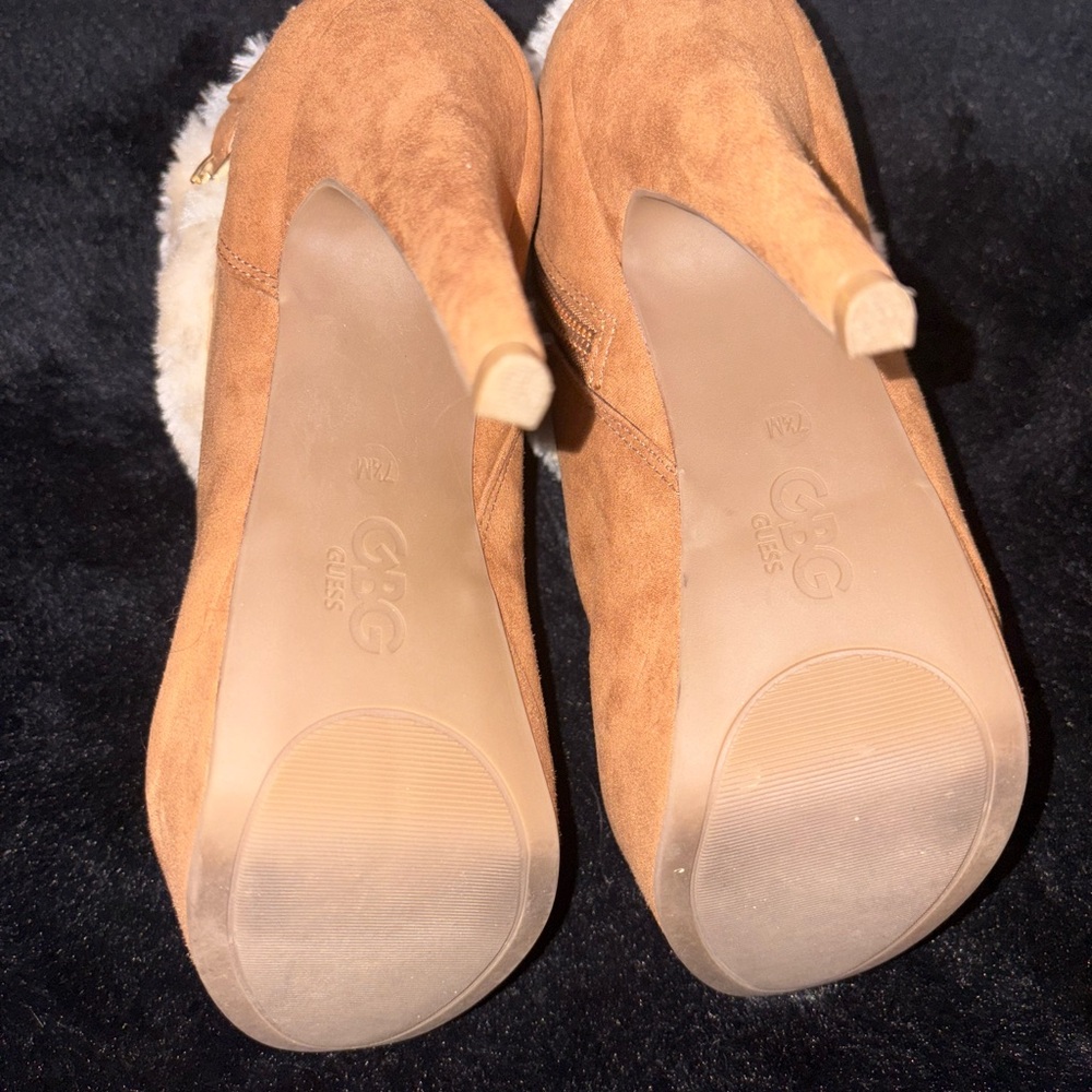Women's Tan Ankle Boots with Faux Fur Trim - Picture 16 of 16